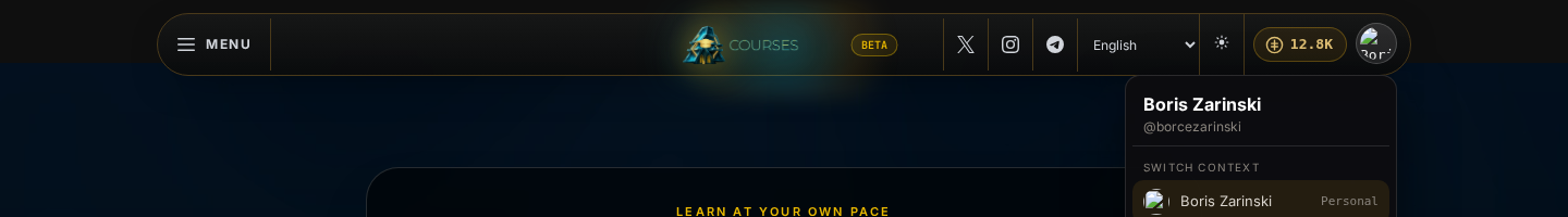 The account menu open, signed in, with the credit balance in the top bar to check against a course's price when enrollment says the balance is too low