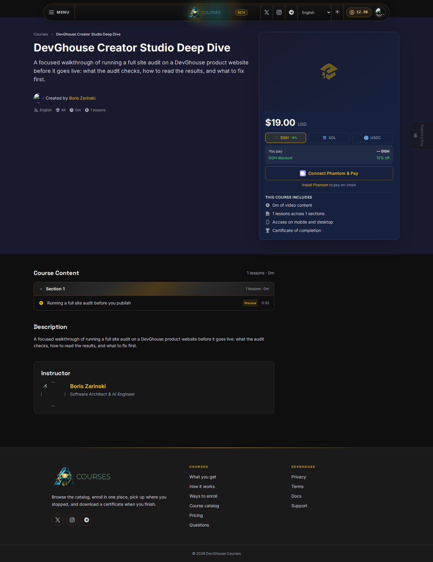A real DevGhouse course page: the price, what the course includes, and the curriculum broken into sections and lessons