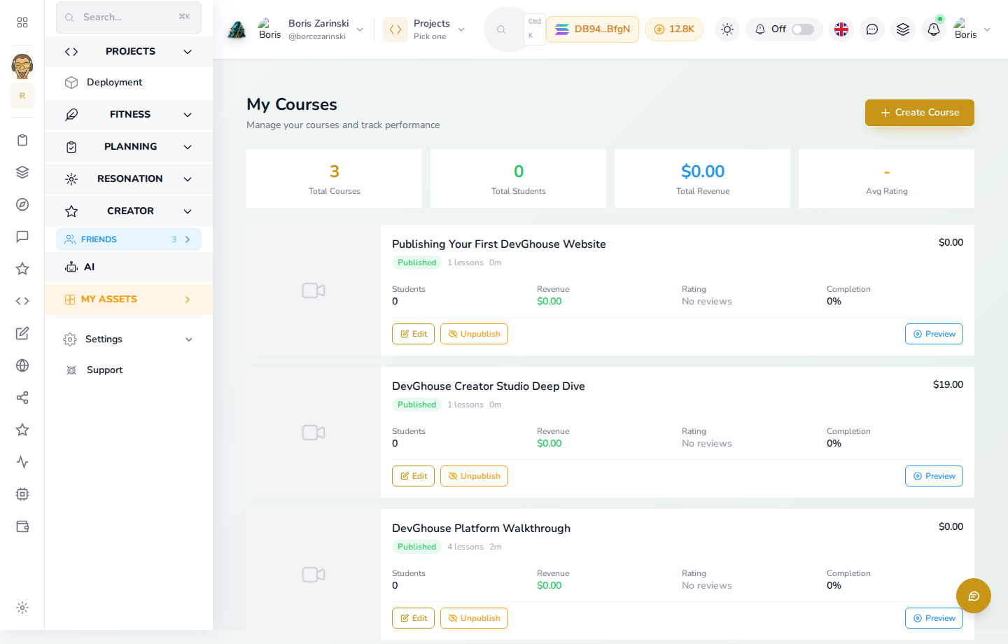 My Courses in the workspace, listing real published courses with their lesson count, students, revenue, and a Create Course button in the corner