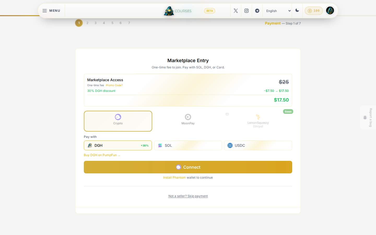 Step 1 of the wizard, Marketplace Entry, showing the one-time access fee and payment options