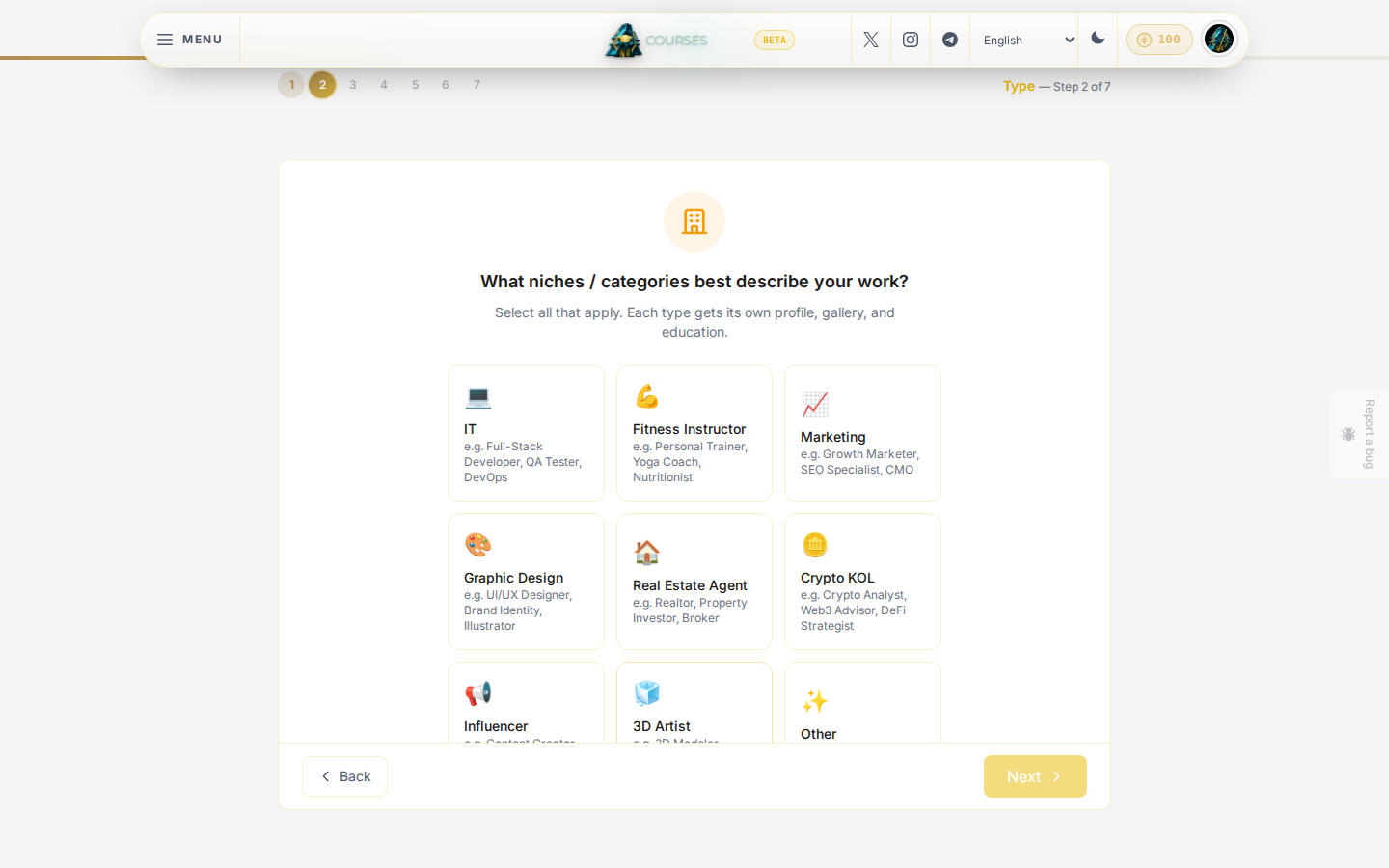 Step 2 of the wizard, asking what niches or categories describe your work, with a Continue as Buyer Only option