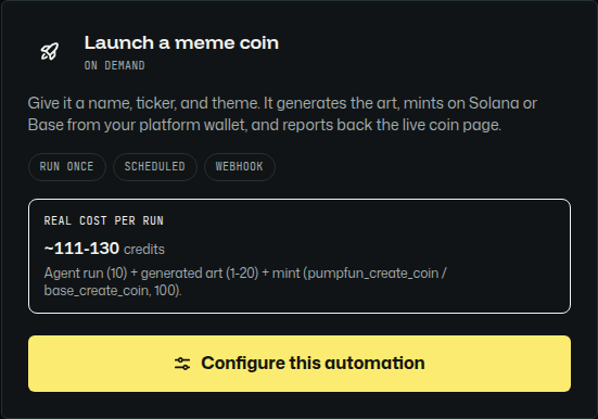 Current Crypto launch automation card showing its triggers and estimated cost per run