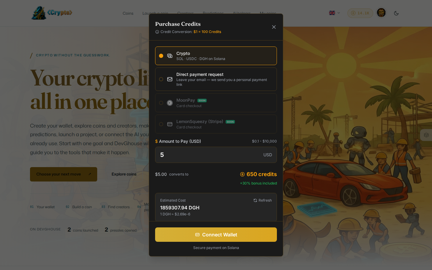 The Purchase Credits panel, with a Crypto payment method selected, an amount field, and the resulting credit total