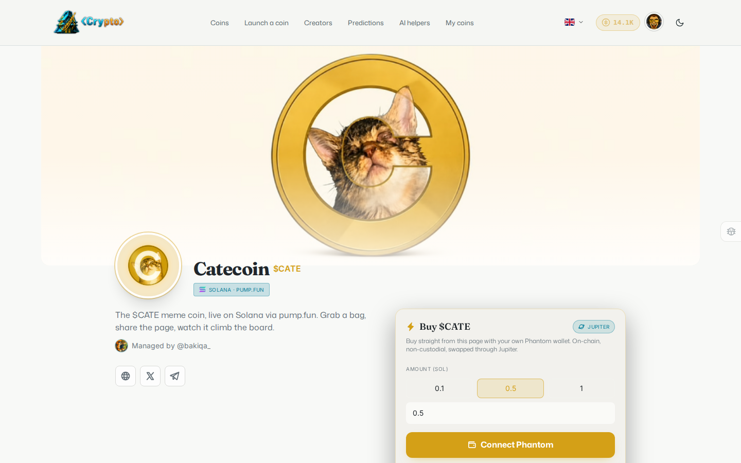 A coin's page, showing its logo, description, and a Buy panel with SOL amount presets and a Connect Phantom button