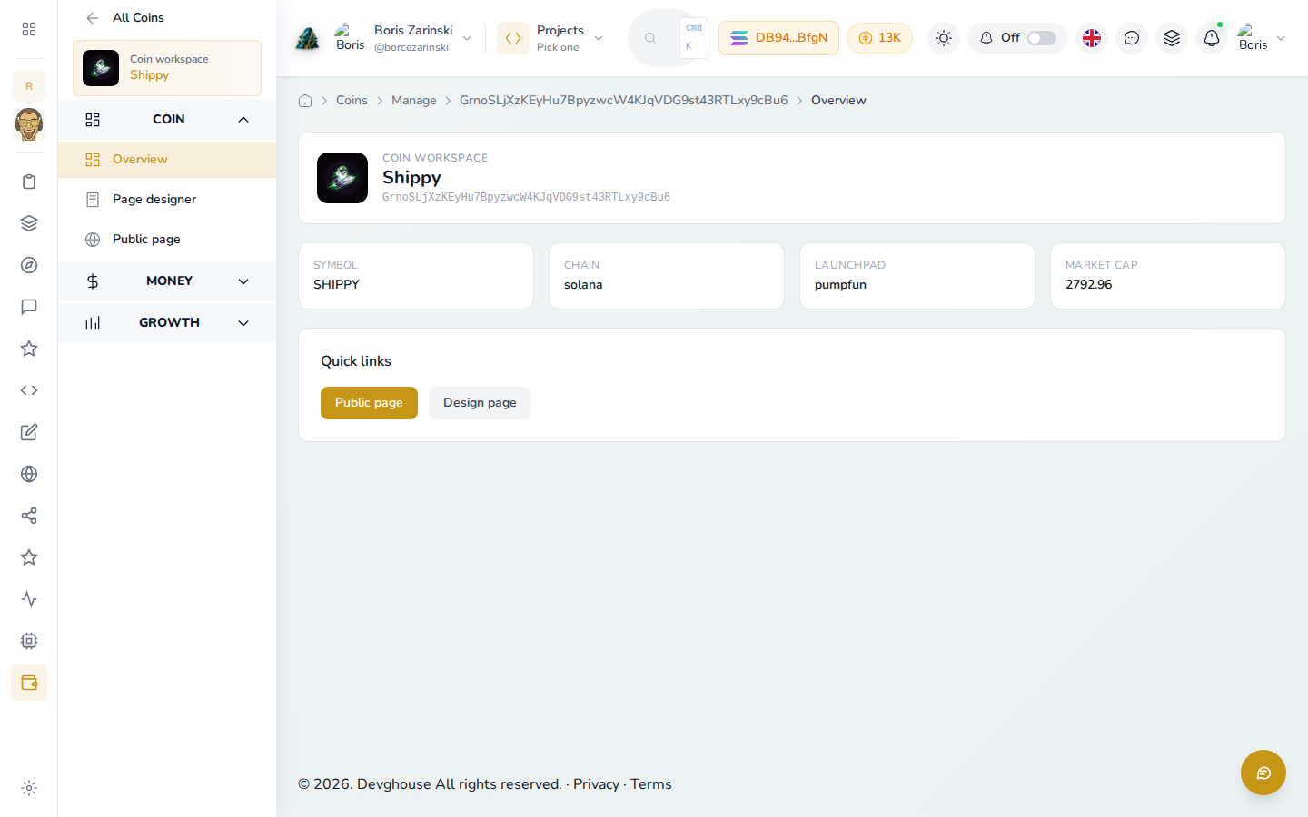 A coin's management overview for Shippy, showing its symbol, chain, launchpad and live market cap, with Quick links to its public and design pages
