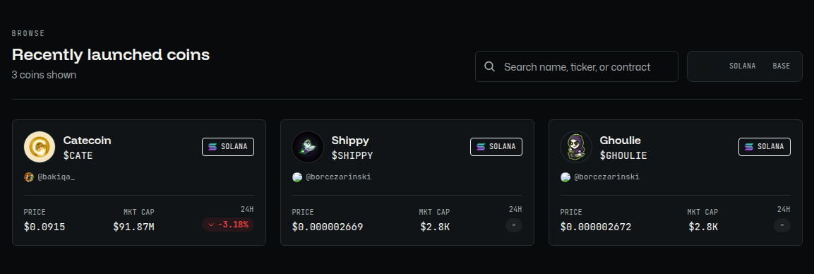 Current public coin list with search and chain filters, showing Catecoin, Shippy and Ghoulie with their price and market cap