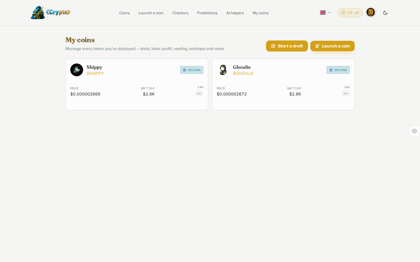 The My coins page, listing launched coins with their price and market cap, next to Start a draft and Launch a coin buttons