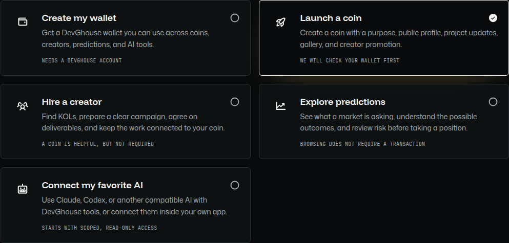 Current Crypto goal picker with Launch a coin selected alongside wallet, creator, prediction, and AI choices
