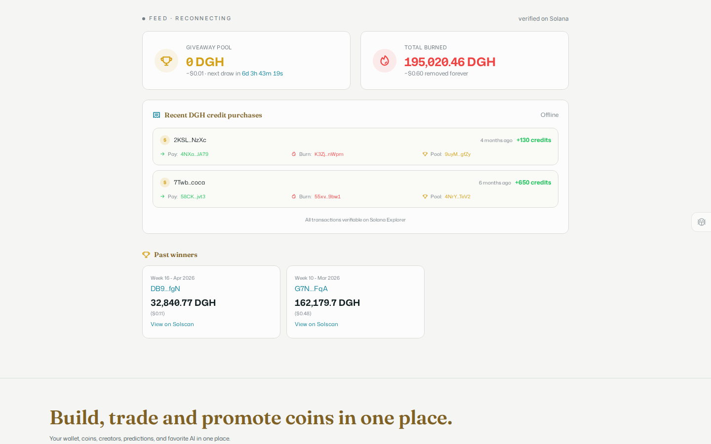 The DGH tokenomics live band, showing total DGH burned, a table of recent credit purchases with their burn and pool transactions, and past weekly giveaway winners