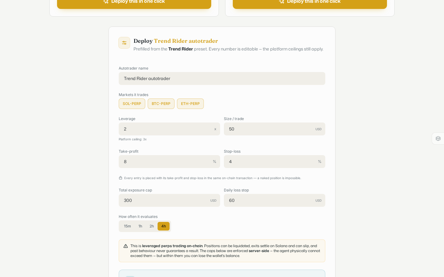 The deploy form for the Trend Rider preset, with autotrader name, markets, leverage, size, take-profit, stop-loss, total exposure cap and evaluation cadence all prefilled