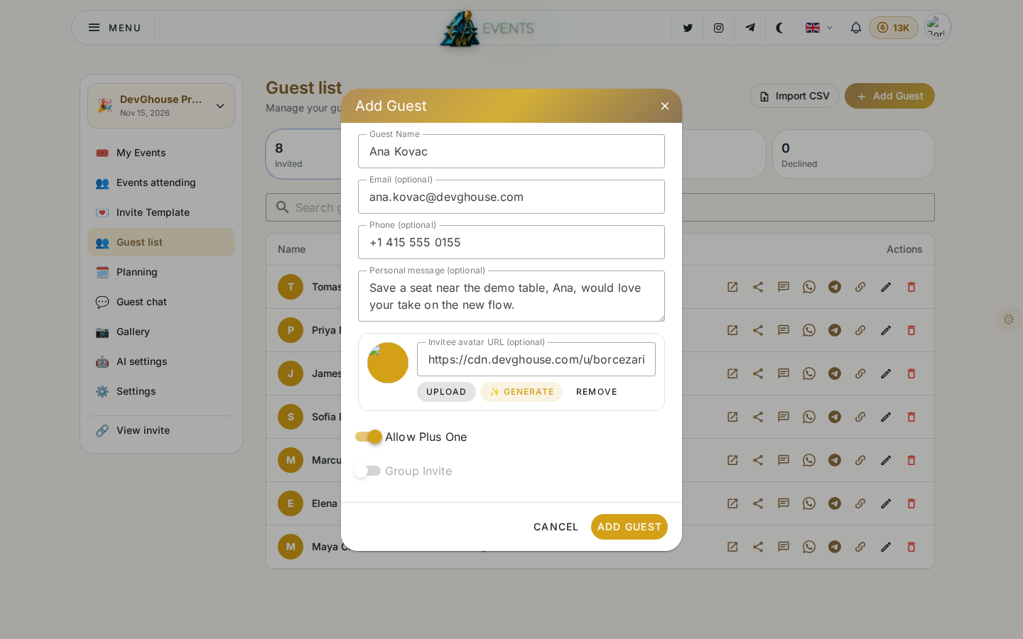 The Add Guest form fully filled: name, email, phone, personal message, an uploaded avatar, and Allow Plus One switched on