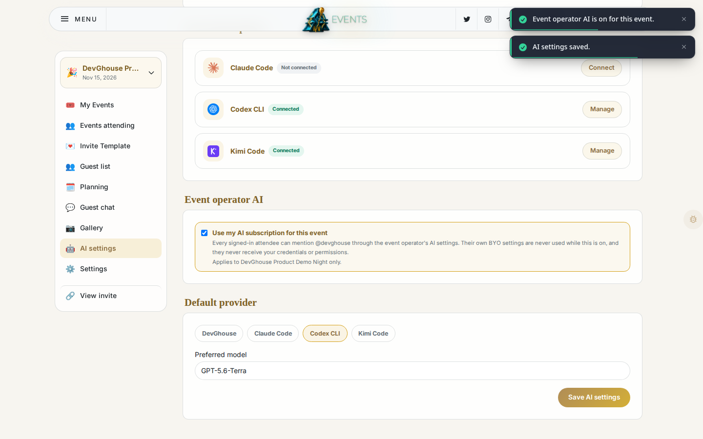 The AI settings page with My own subscription selected, Codex CLI connected and chosen as the default provider, and the event-sponsorship box checked