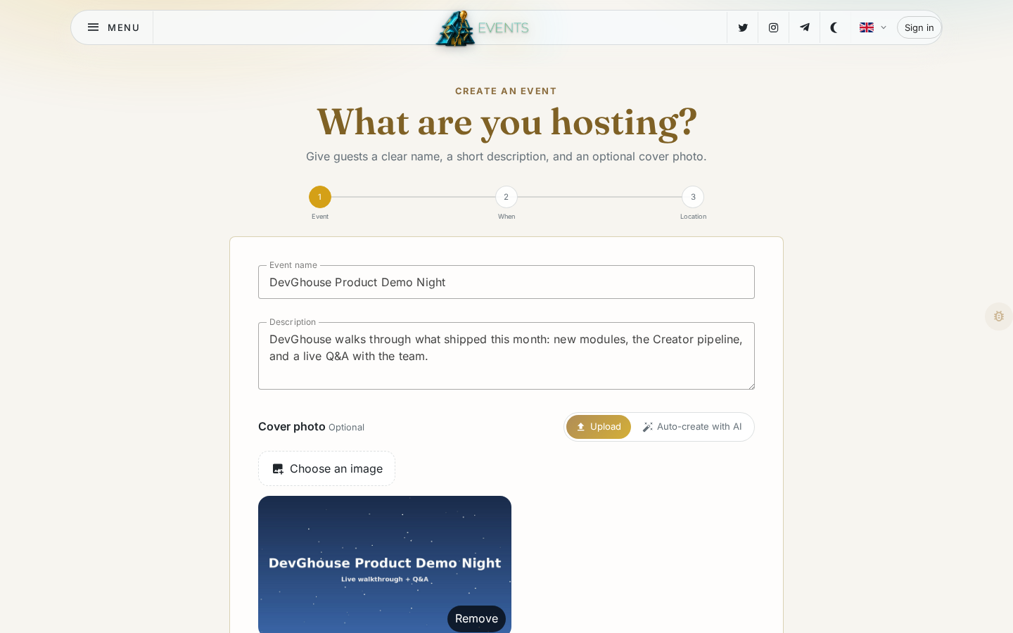 The create event wizard, step one, with event name, description and cover photo