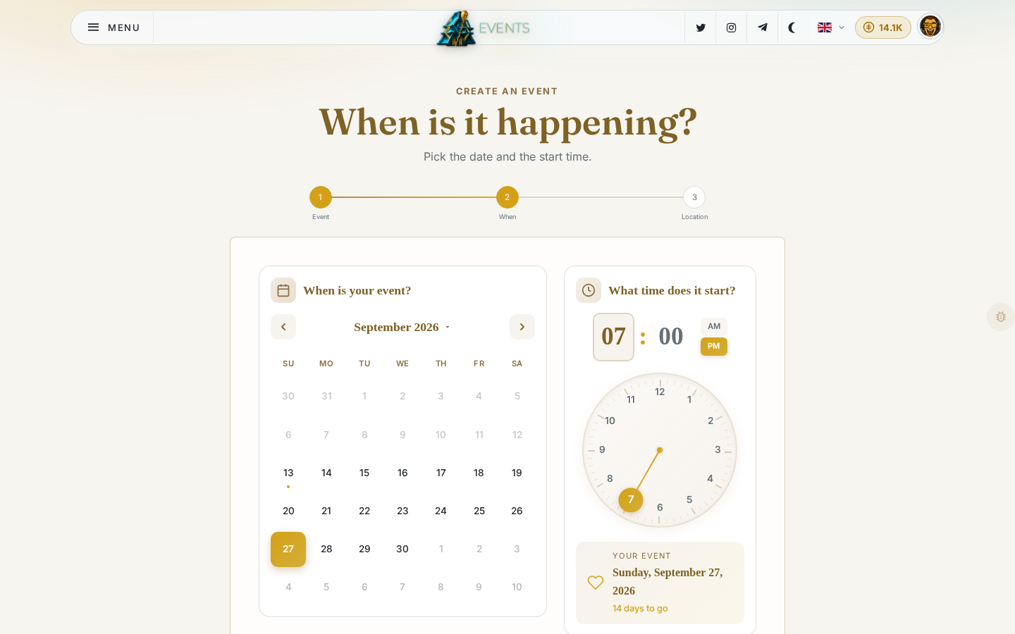The create event wizard, step two, a calendar and clock for picking the date and time