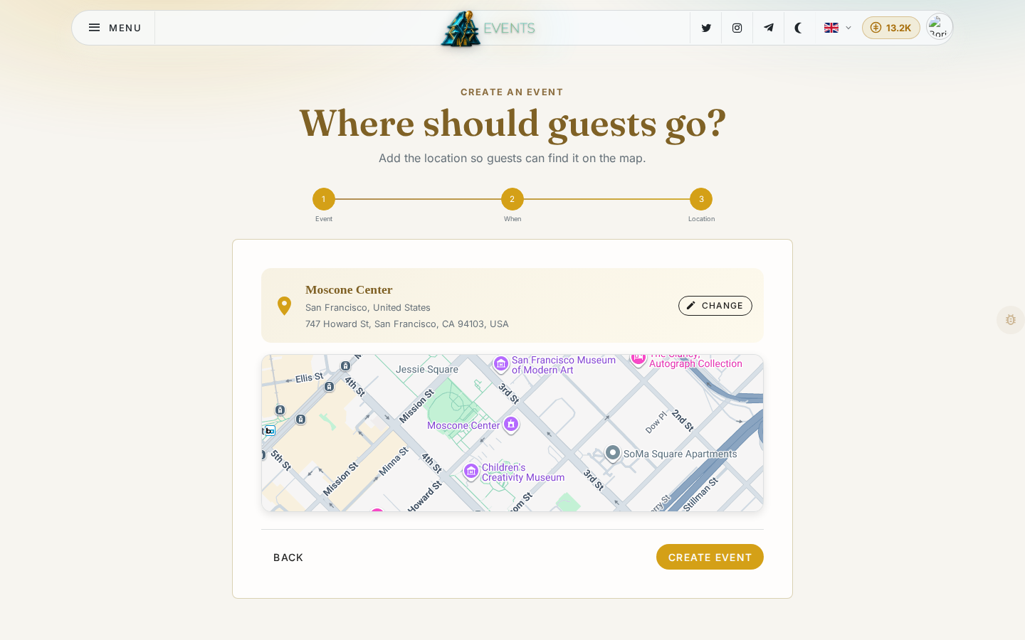 The create event wizard, step three, showing the confirmed location and a map