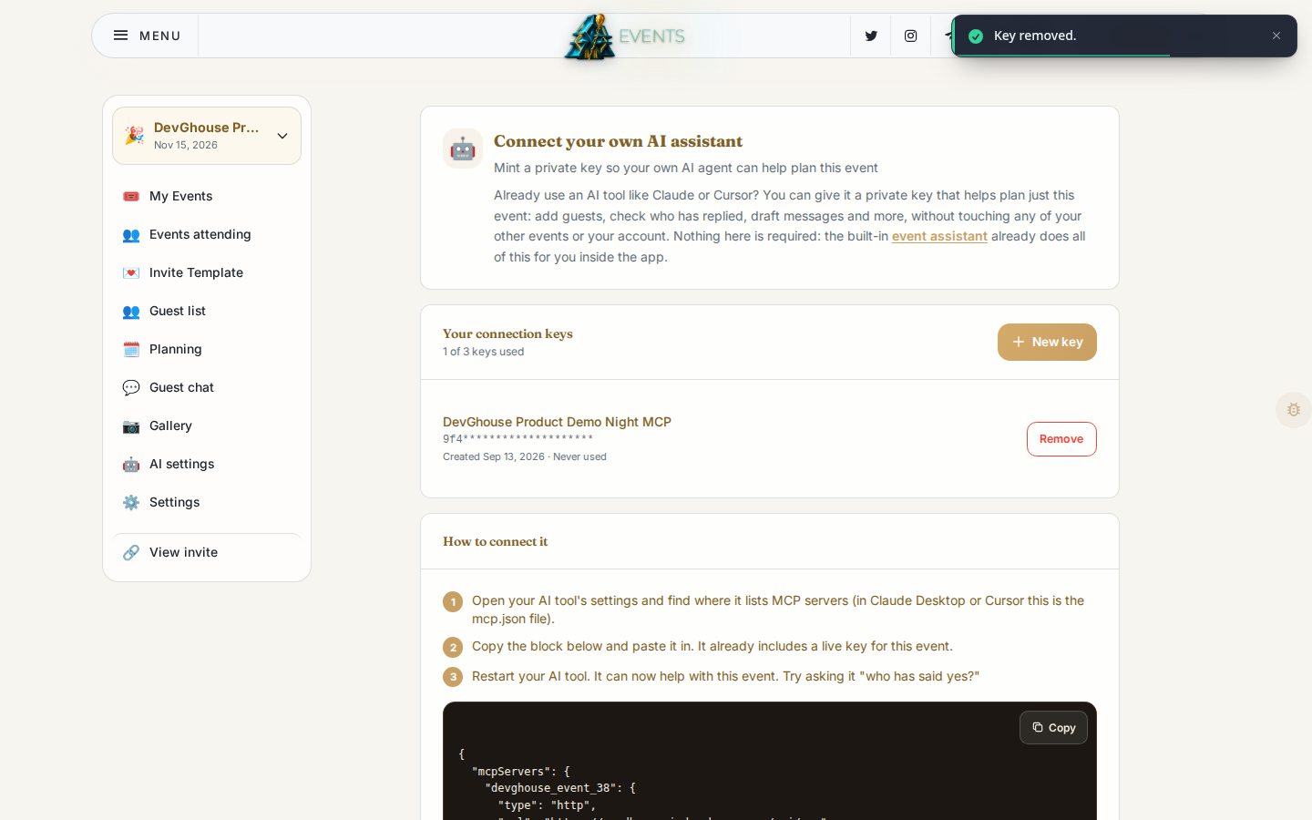 The AI agent connection page with a real key minted and named for this event, plus the mcpServers config block to paste into your tool