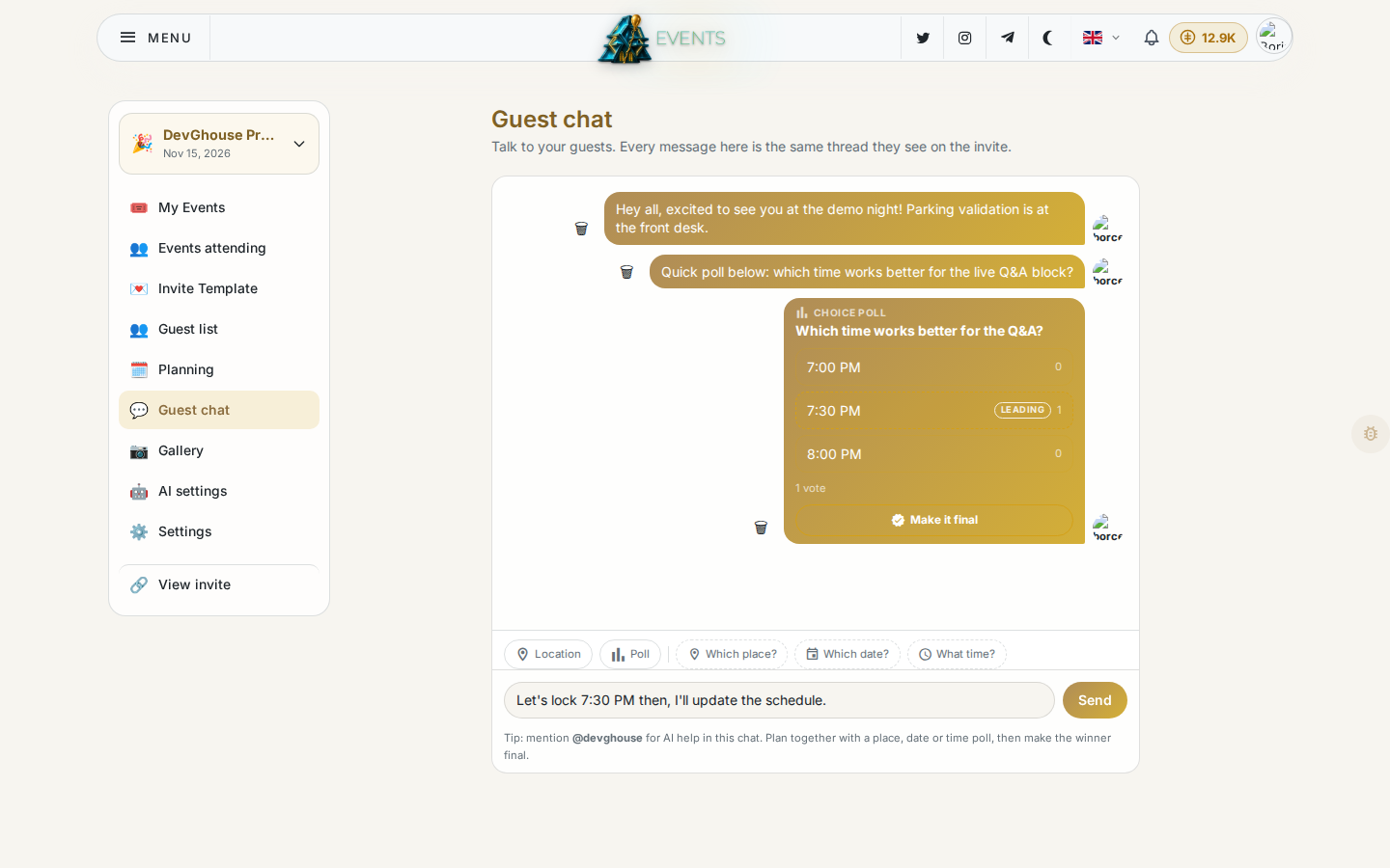 The Guest chat page with a real message thread, a live time poll and a typed reply ready to send