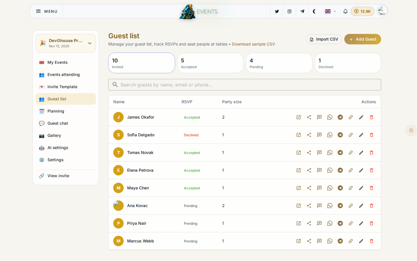 The guest list page with real invited, accepted, pending and declined counts and RSVP chips per guest