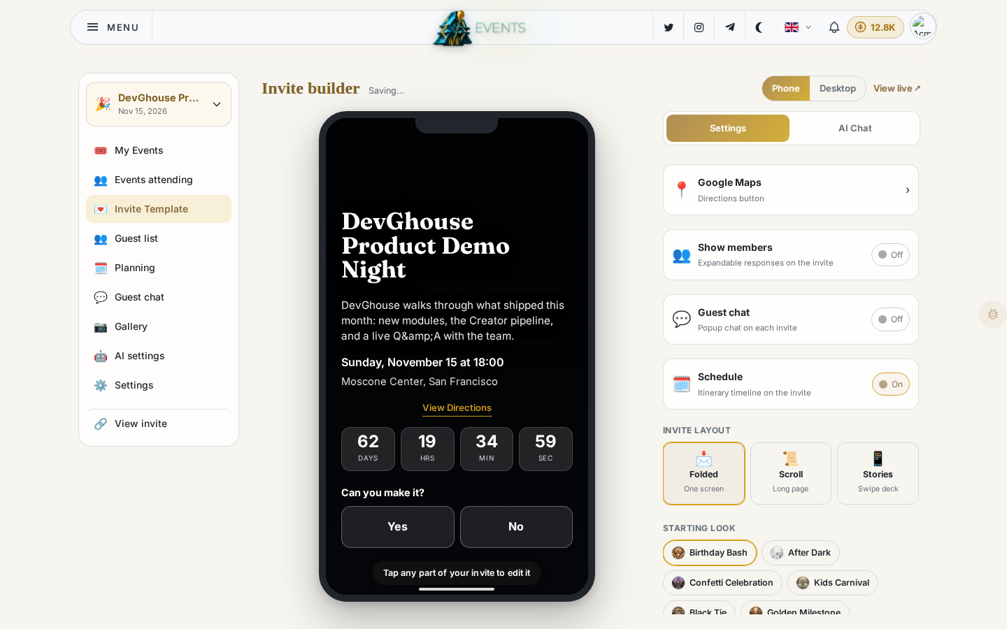 The invite builder with a live phone preview showing a real countdown, and Schedule just switched on in the section list