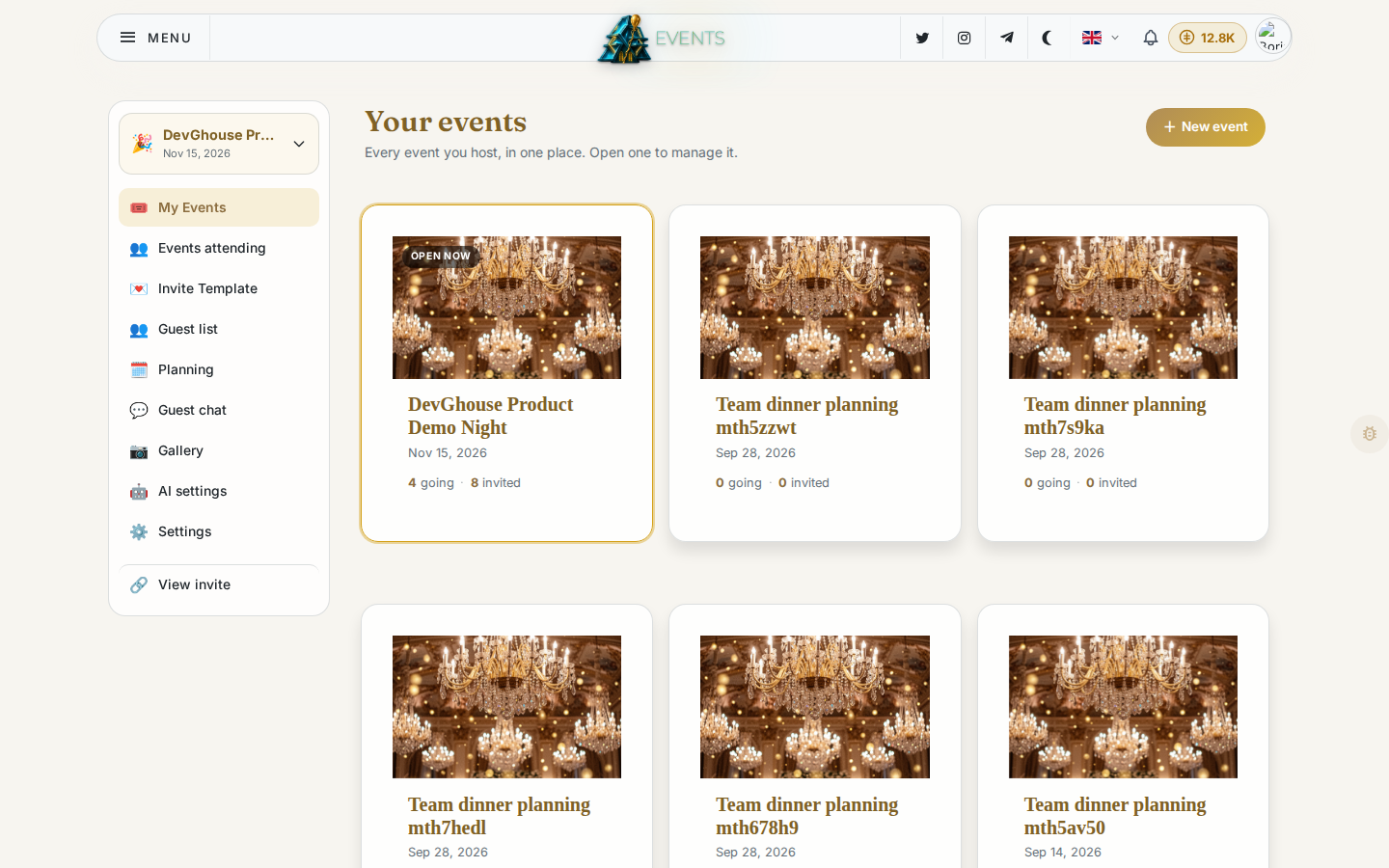 The My Events page of a signed-in host, with real events as cards showing dates and RSVP counts