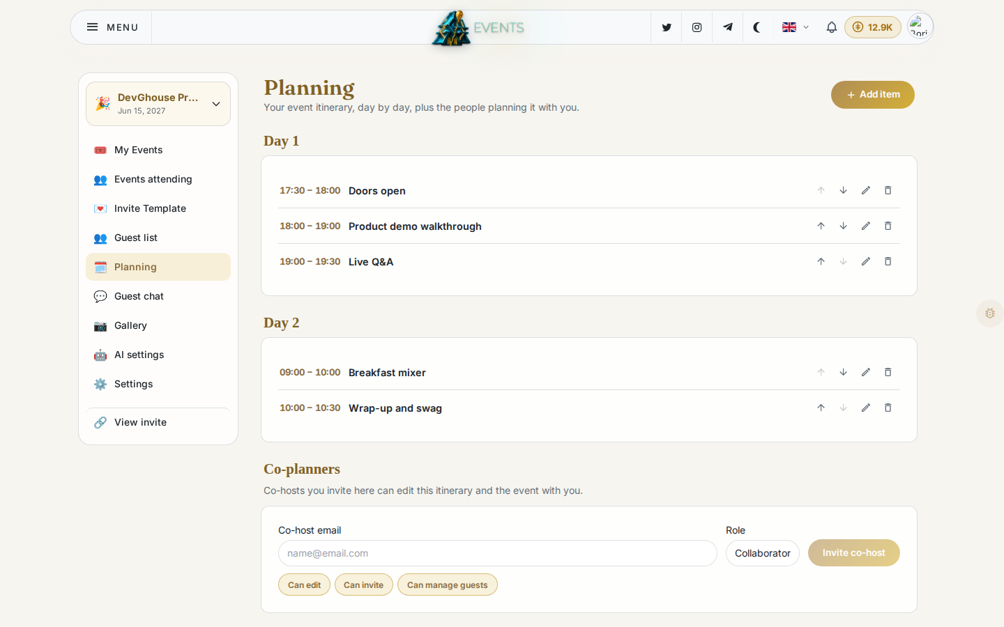 The Planning page showing a real Day 1 and Day 2 itinerary and a co-planner invite in progress