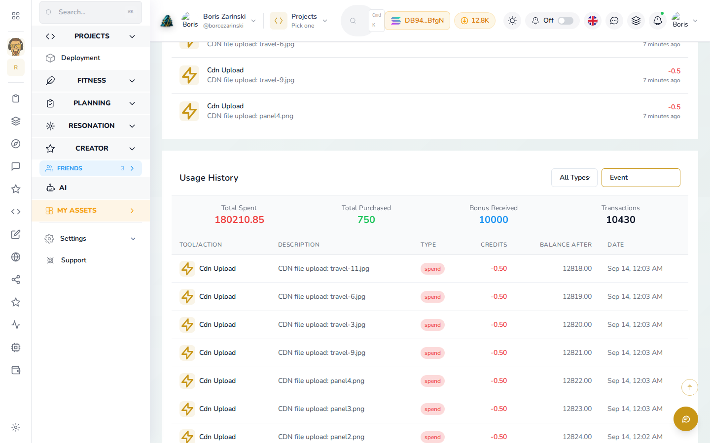 The full usage history: every debit and credit, with the running balance after each one