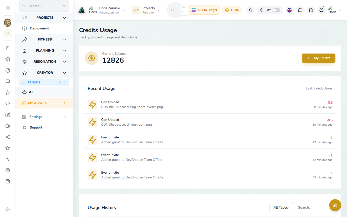 The signed-in credits page: real balance, plus recent debits including Event Invite charges