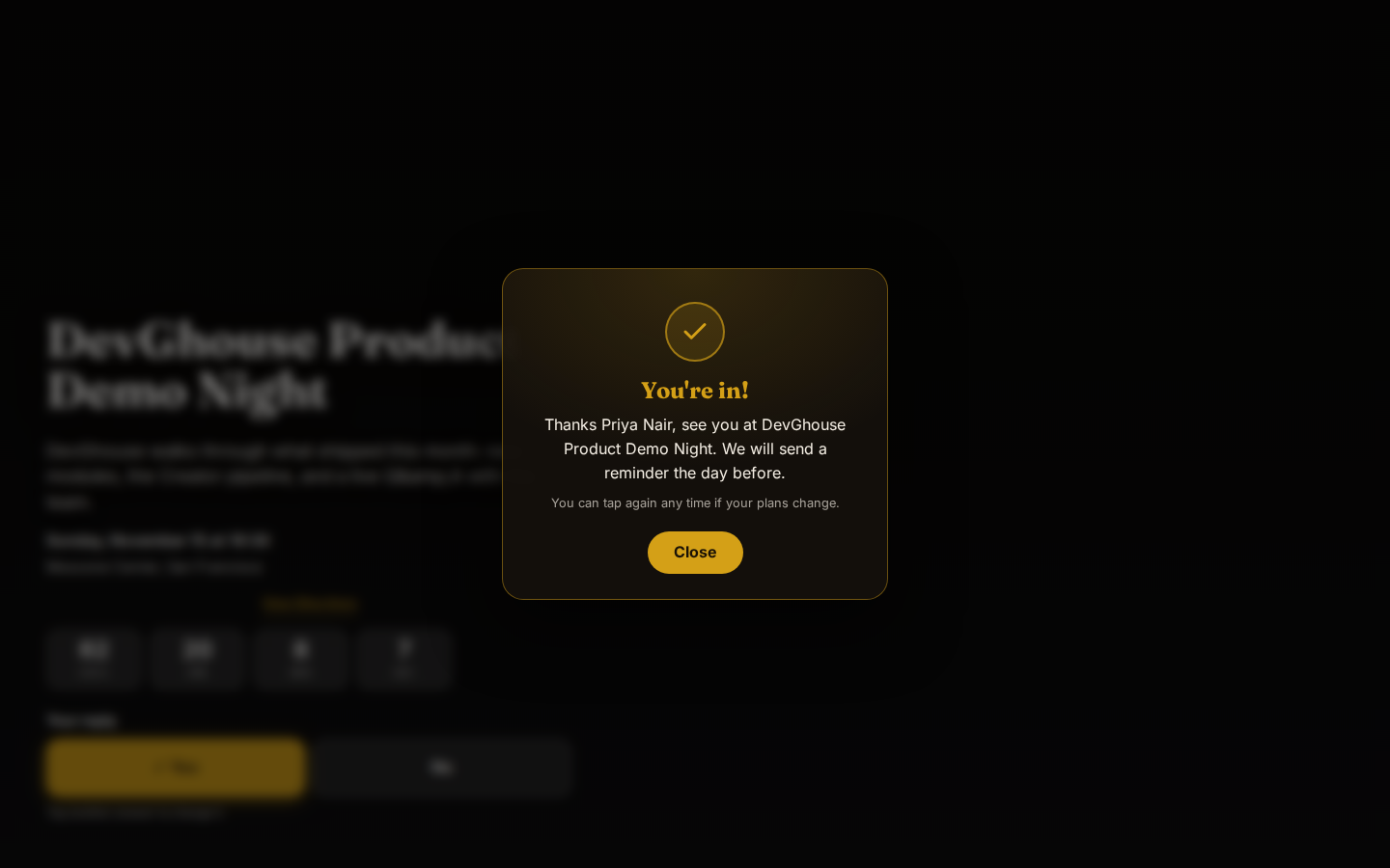 The moment right after a guest taps Yes: the confirmation message set in Actions, on the real invite page