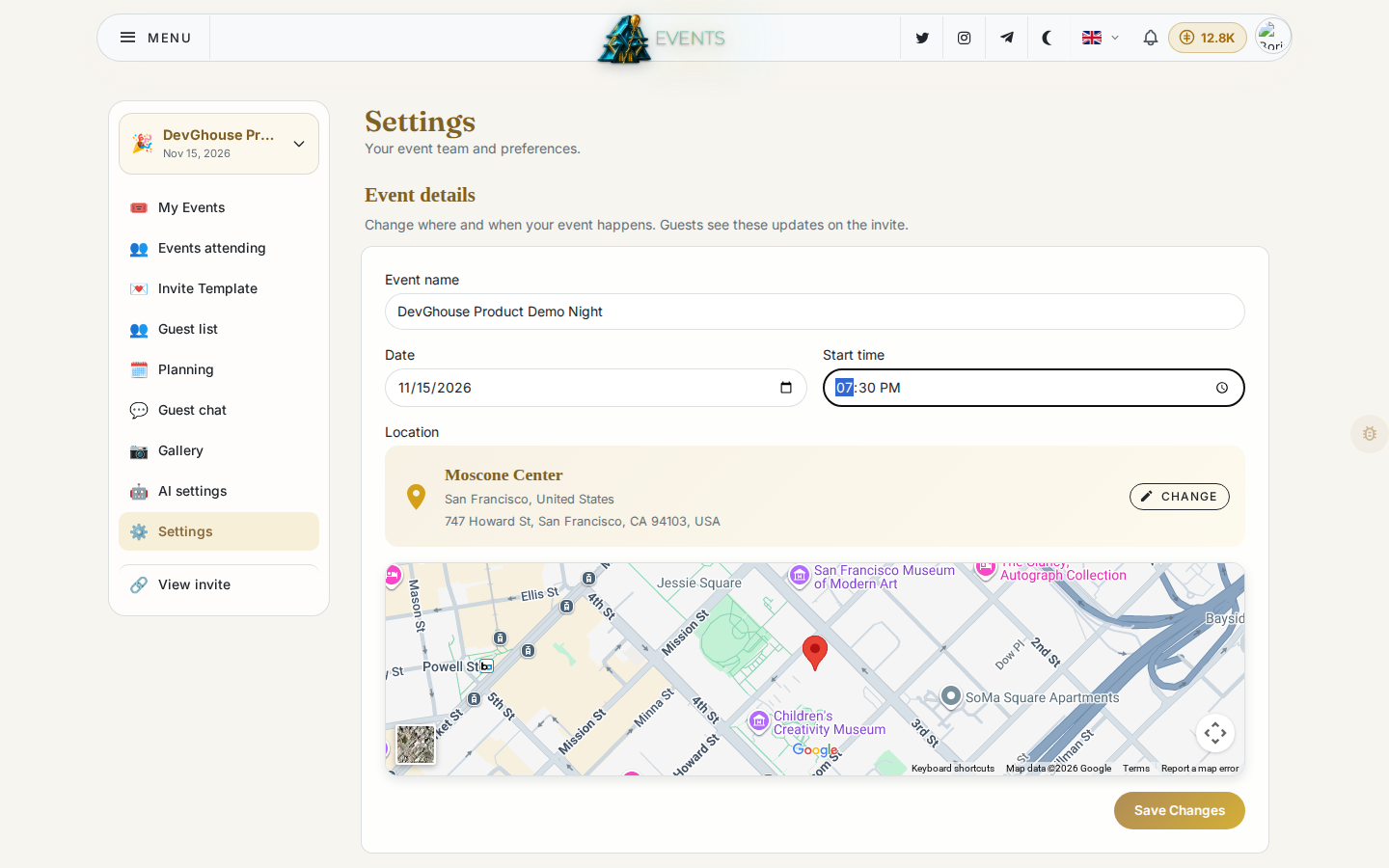 The Settings page mid-edit: the start time just changed, with the real venue map fully loaded and Save Changes armed