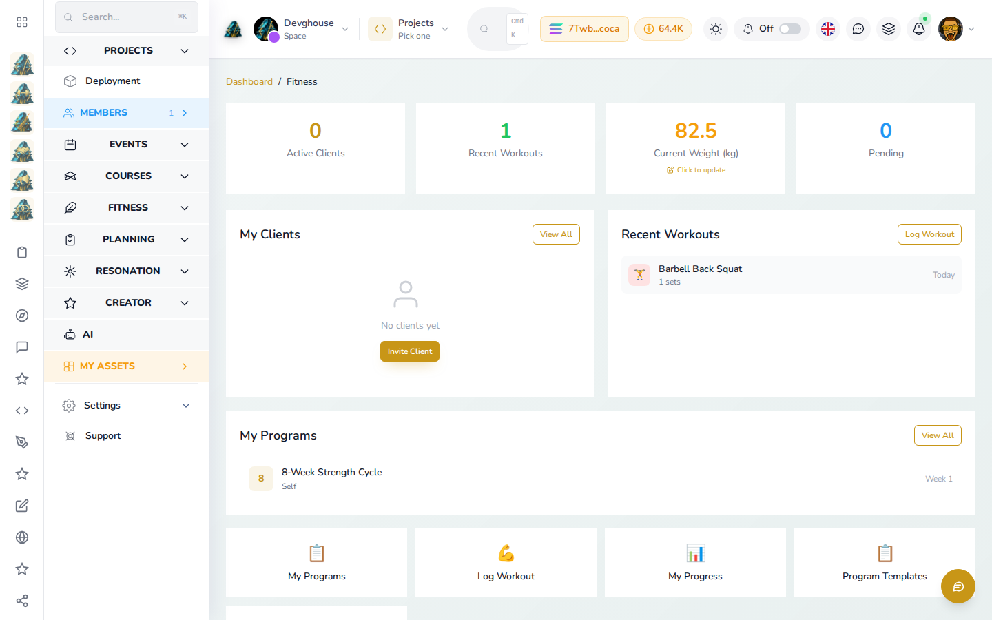 The Fitness area of your workspace right after sign-in: your avatar in the header, an active program, and a logged workout