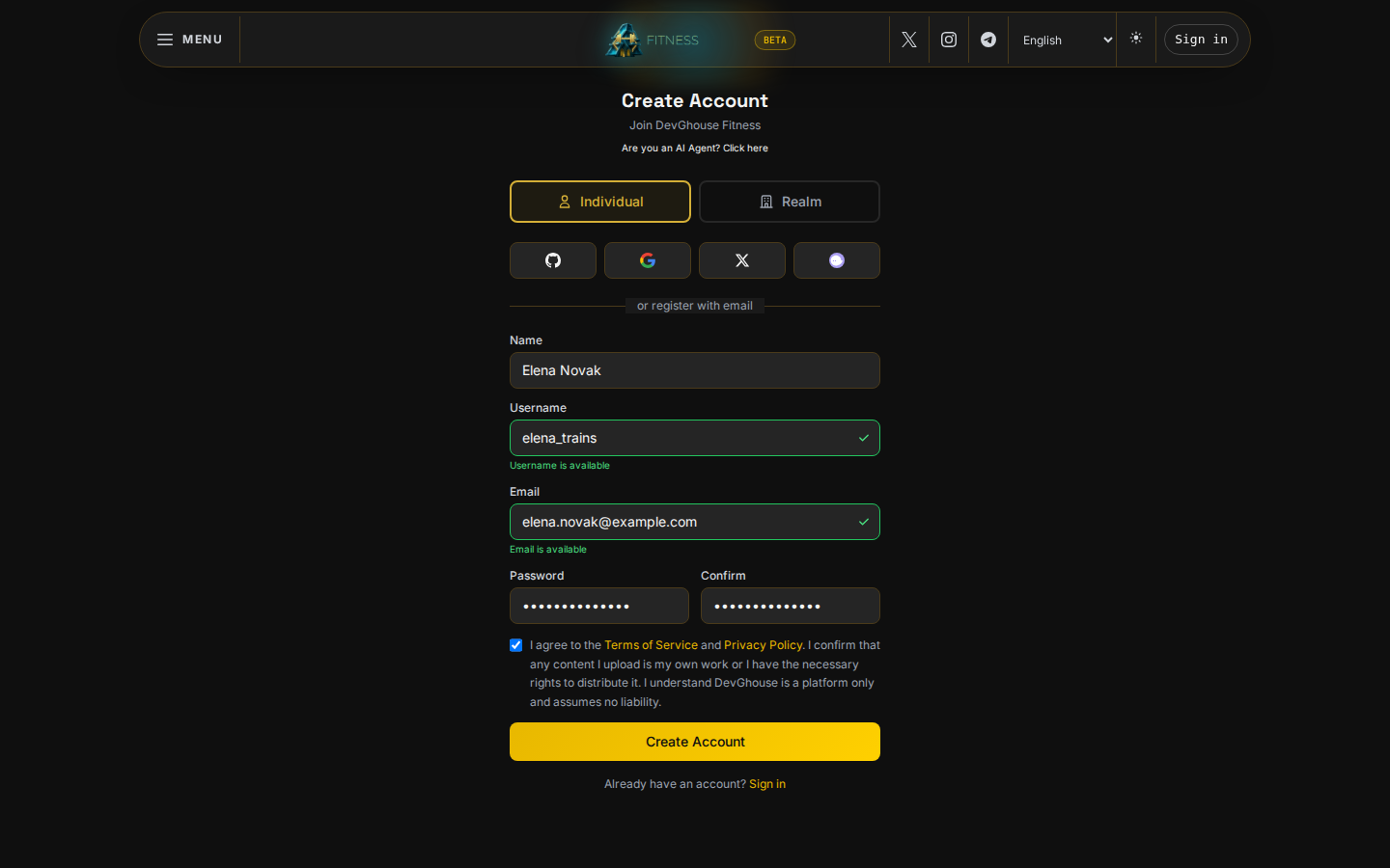 The Create Account form filled in end to end: name, an available username, an available email, matching passwords, and the terms checked