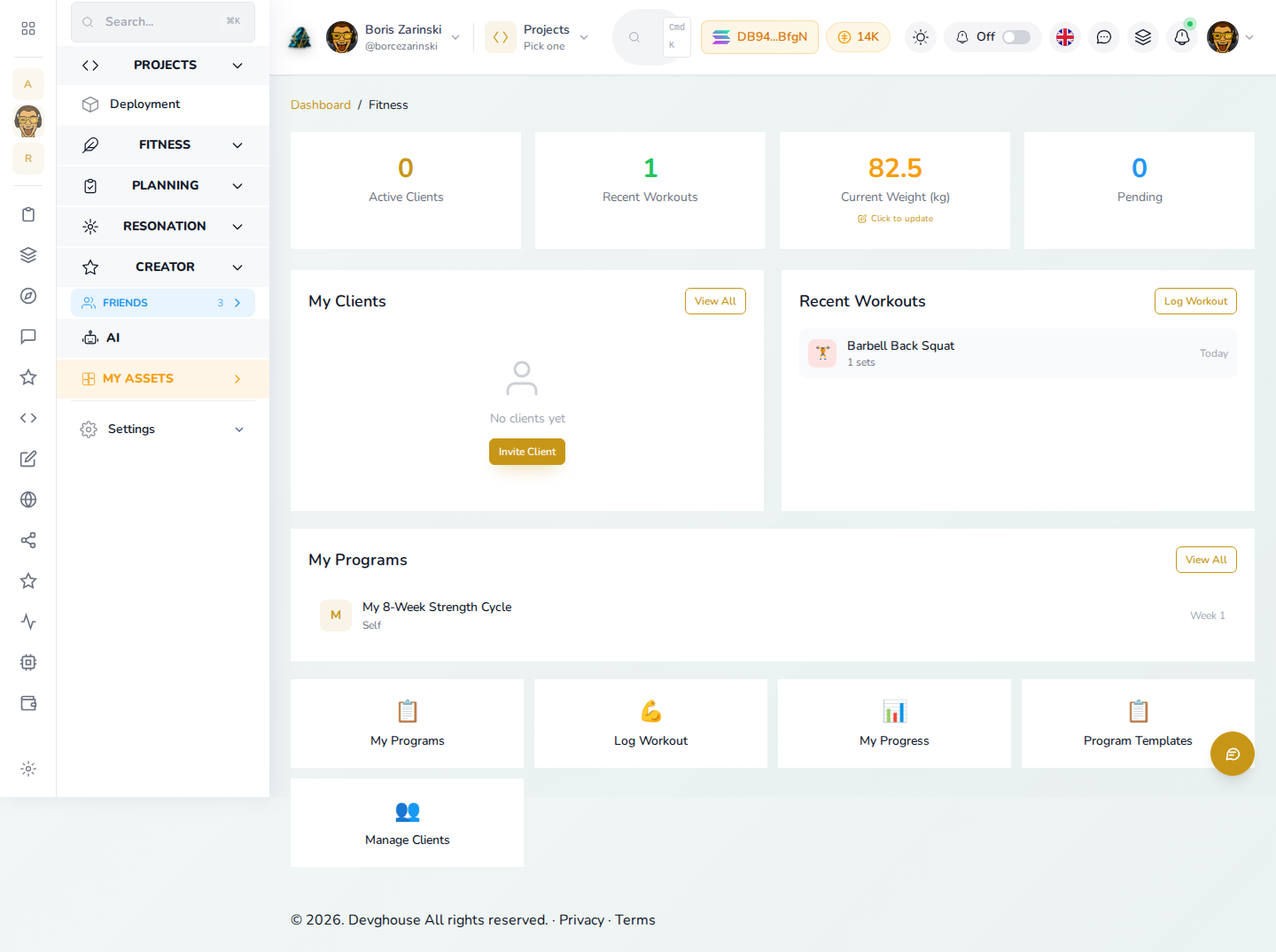 The Fitness dashboard in your workspace, with a logged workout, your current weight, and an active program