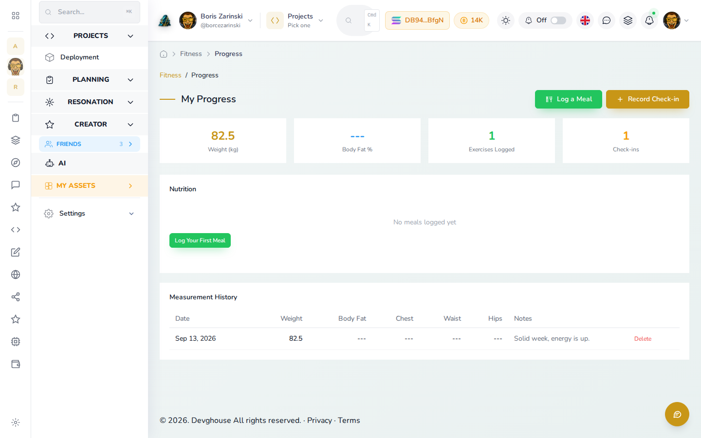 My Progress: current weight, exercises logged, check-ins, and measurement history