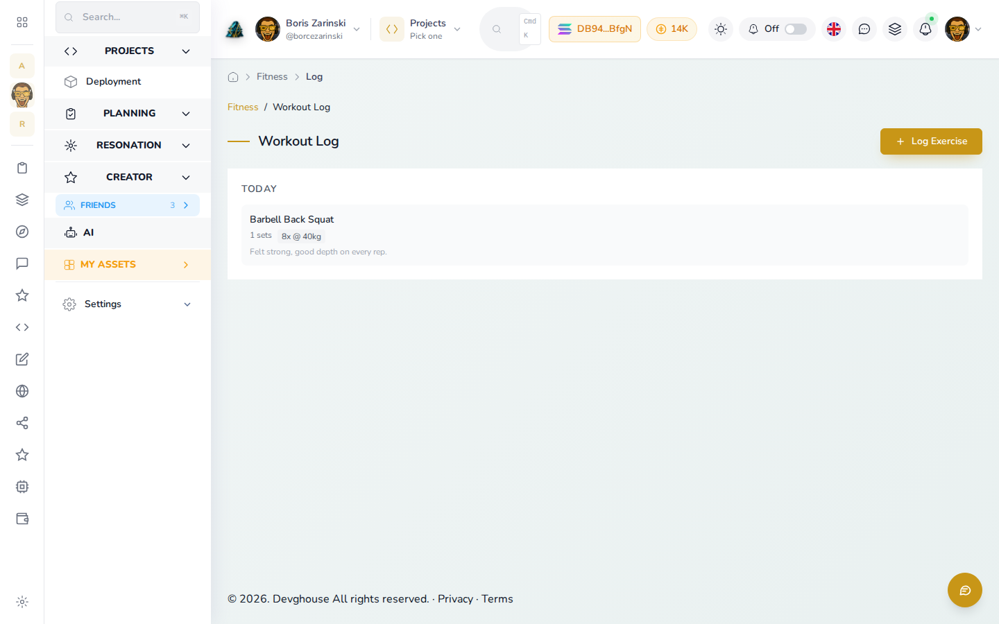 The workout log with an exercise logged today