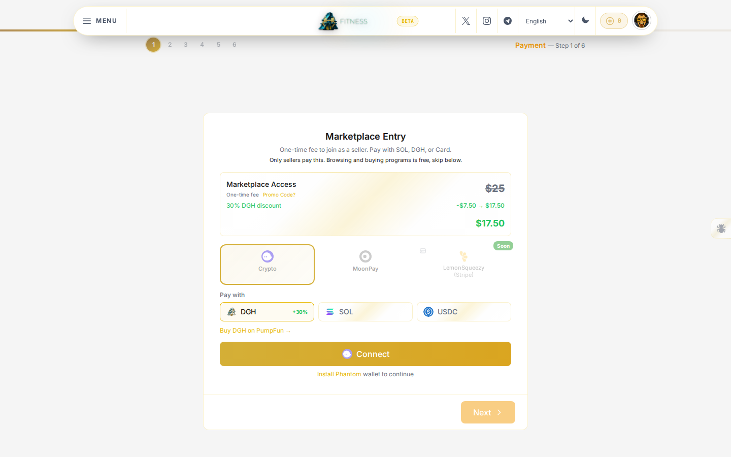 The Marketplace Entry step: one-time fee to join as a seller, or skip below