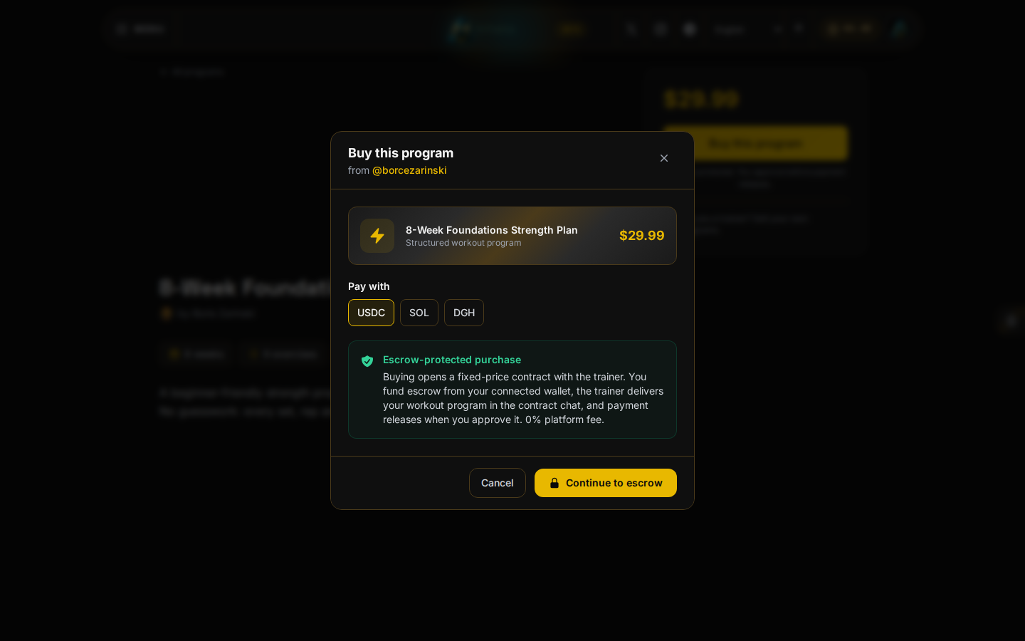 The buy dialog: program name and price, the payment method choice, and the escrow explanation, ready to confirm