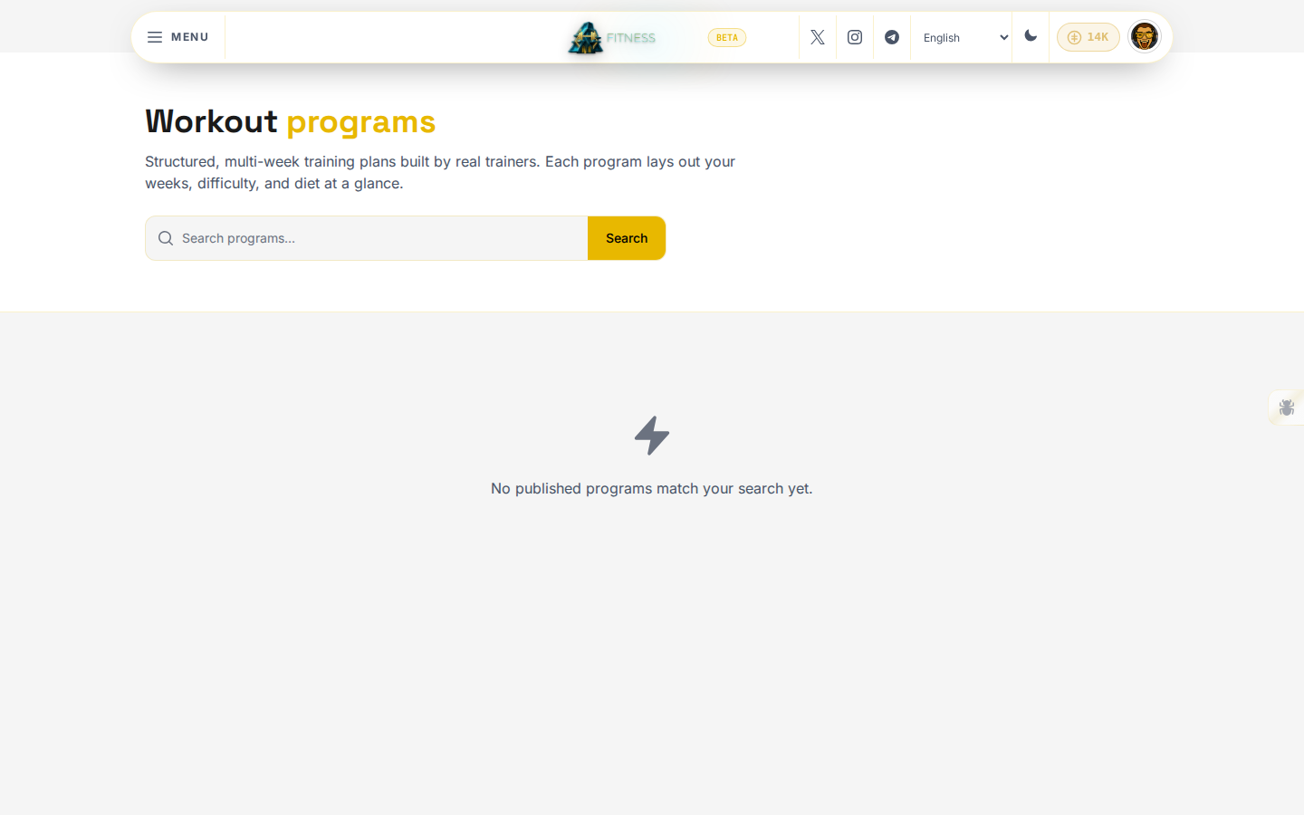 The workout programs catalog with a search box