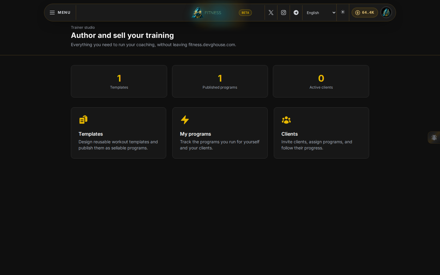 The trainer studio home: template, published program, and client counts, with links to each area