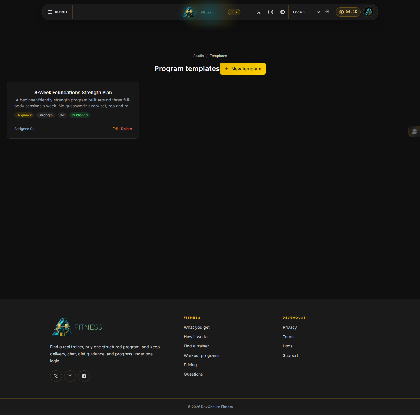 The templates list with a real template, already published to the storefront