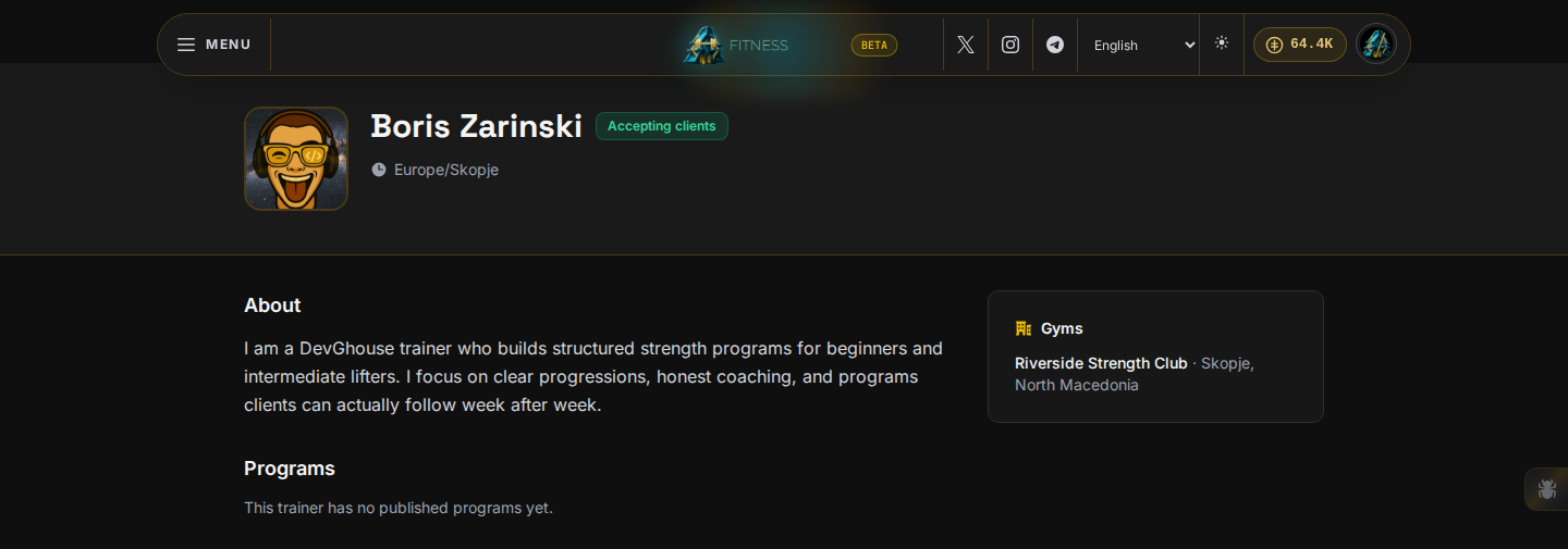 A trainer's profile signed in: headline, bio, accepting-clients badge, and gyms