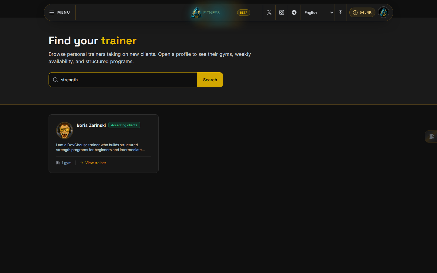 A trainer search for "strength", showing the matching trainer card with the Accepting clients badge and gym count