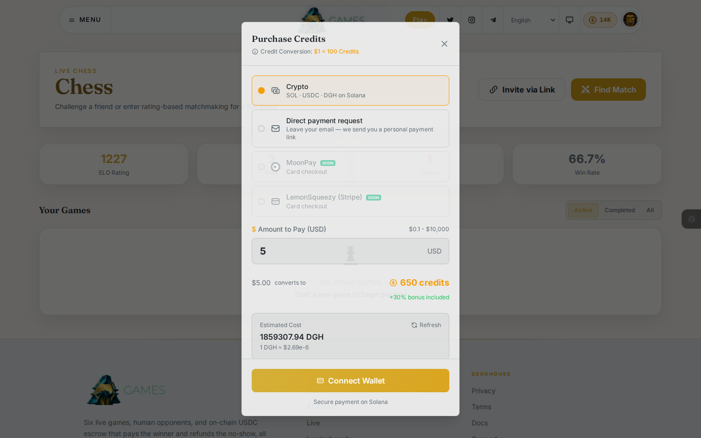 The Purchase Credits dialog, with payment method, amount, and the resulting credit total