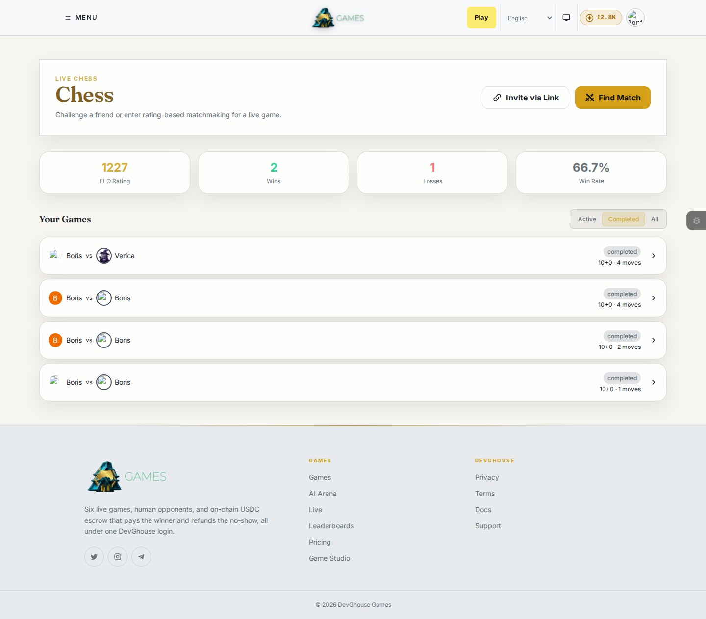 The Chess lobby with real ELO, wins, and losses, and Your Games showing completed matches against real opponents