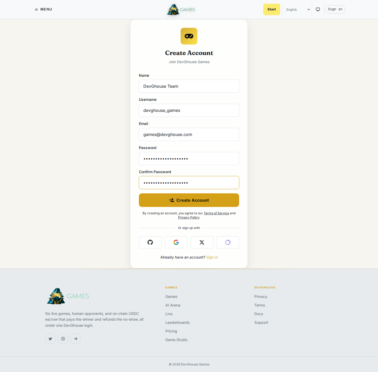 The Create Account screen filled in with a name, username, email, and password, ready to submit