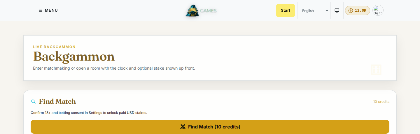 The credits pill in the header next to a Find Match button showing its 10-credit cost