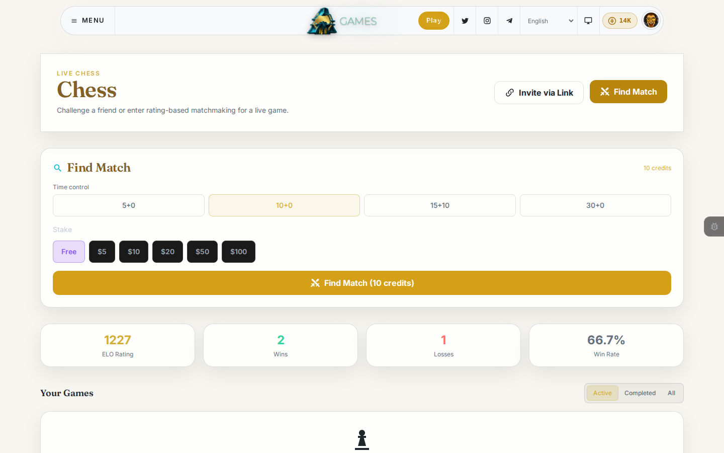 The Find Match panel, with time controls, stakes, and the credit cost of starting