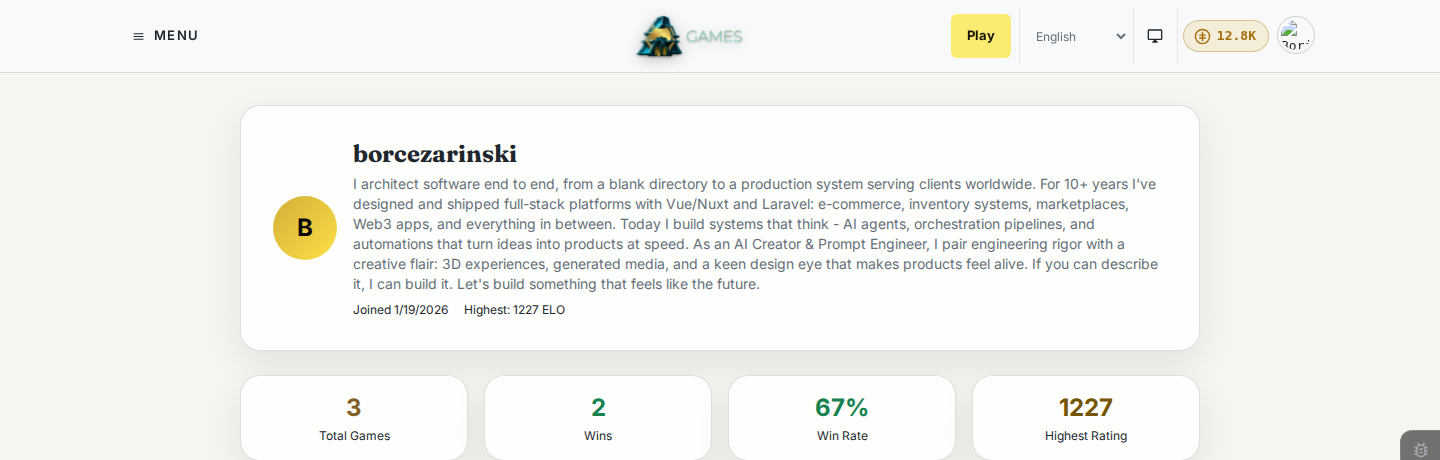 Your profile at games.devghouse.com/me, with your total games, wins, win rate, and highest rating as real values