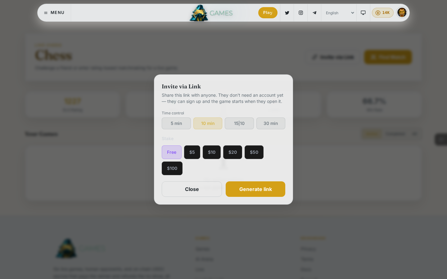 The Invite via Link dialog, with time control, stake, and a Generate link button