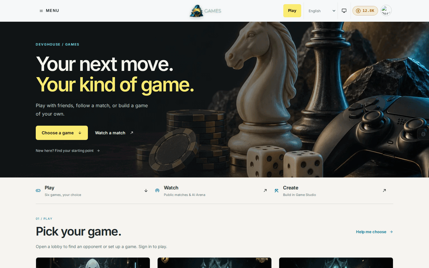 The Games home page signed in, with the credit balance and avatar in the header and the real Chess, Texas Hold'em, Backgammon, Sport Heads, Fighter Arena, and Mafia tiles below