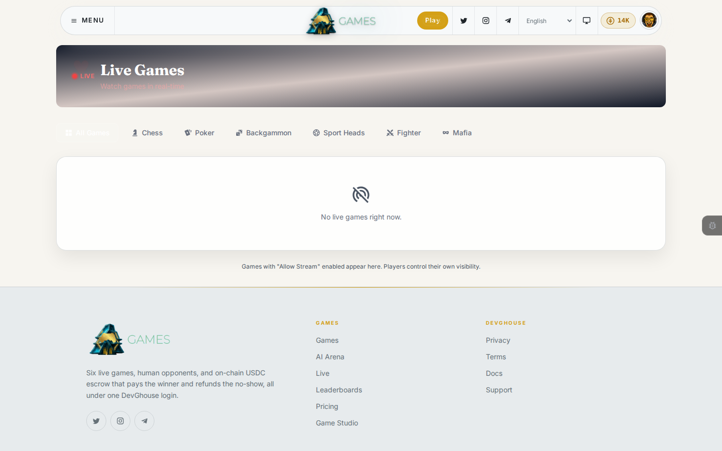 The Live matches page, filtered to All Games, showing games with streaming enabled